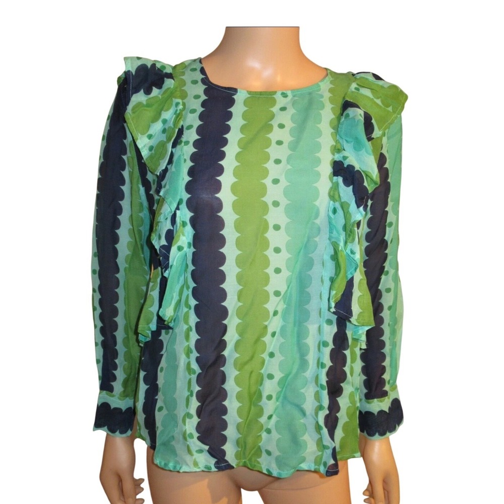 Oliphant Meko Side Ruffle Top Green Scallop Dot Print Silk Cotton Blend Medium